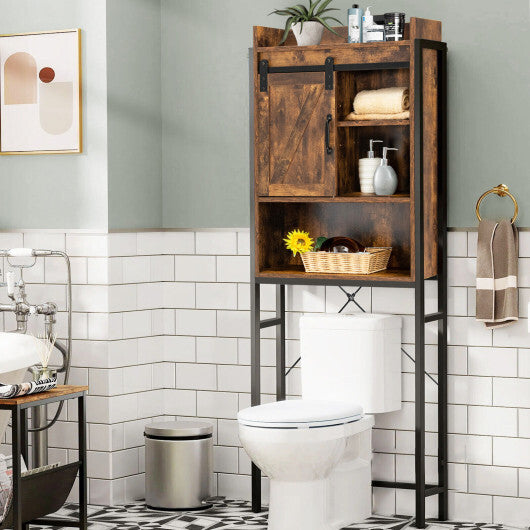 4-Tier Multifunctional Toilet Sorage Cabinet with Adjustable Shelf and Sliding Barn Door-Rustic Brown - Color: Rustic Brown