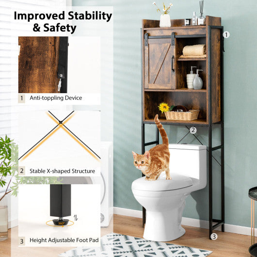 4-Tier Multifunctional Toilet Sorage Cabinet with Adjustable Shelf and Sliding Barn Door-Rustic Brown - Color: Rustic Brown