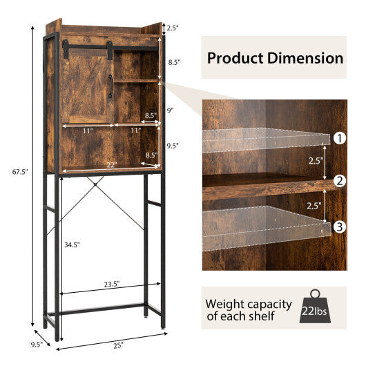 4-Tier Multifunctional Toilet Sorage Cabinet with Adjustable Shelf and Sliding Barn Door-Rustic Brown - Color: Rustic Brown