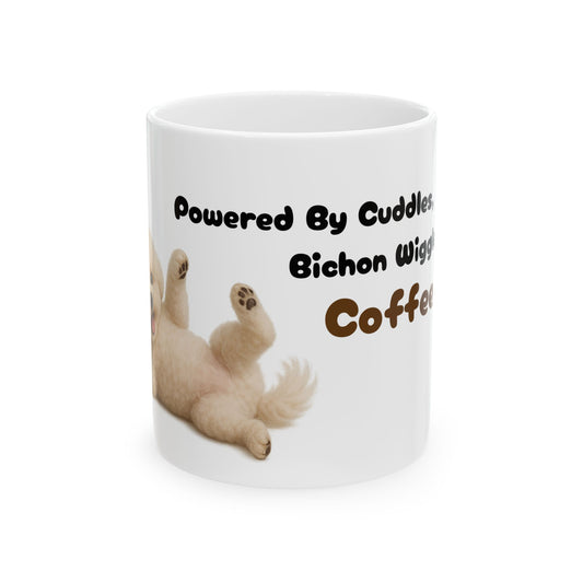 Bichon Wiggly Cuddle Mug - Powered by Cuddles, Pet Lovers Gift, Cute Coffee Cup, Dog Themed Mug, Fun Sips for Animal Fans