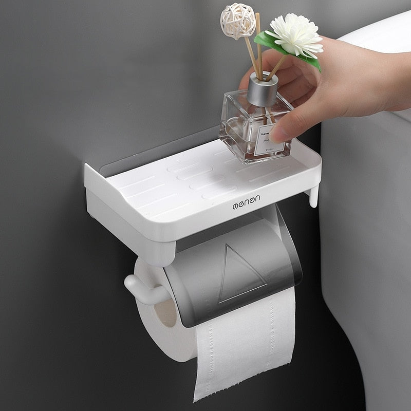 Wall Mount Toilet Paper Holder Top Sundries Storage Plastic Waterproof Roll Paper Storage Rack Bathroom Tissue Organizer Shelves