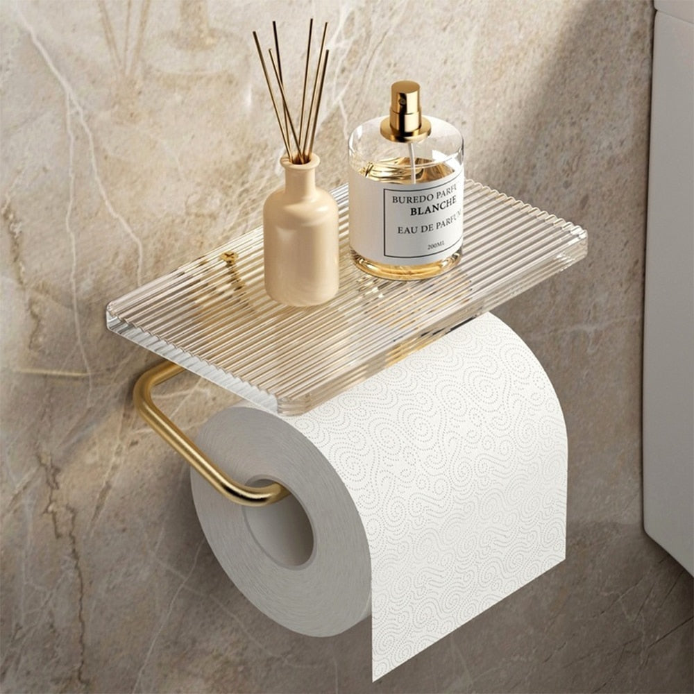 Luxury Gold Toilet Paper Holder with Shelf No Punching Acrylic Roll Paper Holder Tissue Hanger Bathroom Accessories
