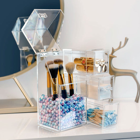 Color: Drawer Mermaid - Clear Plastic Makeup Brush Storage Box with Cover Jewelry Earring Organizer Acrylic Makeup Organizer