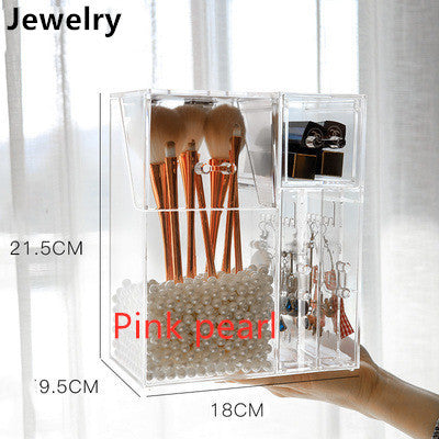 Color: Jewelry Pink - Clear Plastic Makeup Brush Storage Box with Cover Jewelry Earring Organizer Acrylic Makeup Organizer